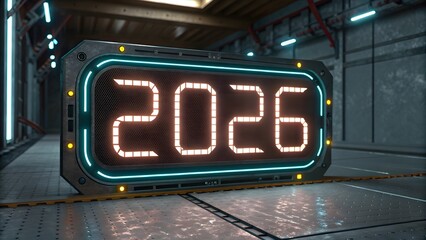 Futuristic digital display shows the year 2026