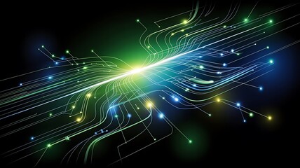 Abstract technological background with green blue glowing lines representing digital data flow and network connections