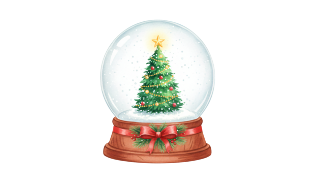 Festive christmas tree inside a decorative snow globe with red bows