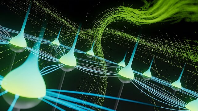 Abstract representation of data transmission through network with neurons interconnected to each other with blue lines 123