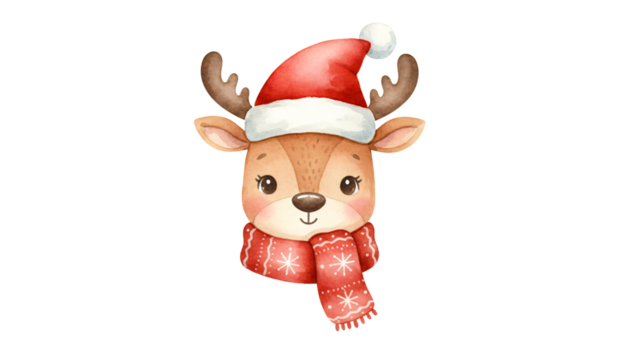 Cute watercolor reindeer wearing santa hat and red scarf