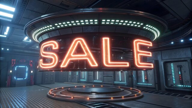 Futuristic neon sale sign in a sci fi environment