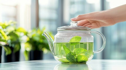 A hand gently places the lid on a clear glass teapot filled with green tea and fresh mint leaves, with blurred green plants visible in the background.