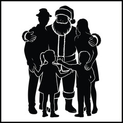 A black silhouette illustration of Santa Claus embracing a family