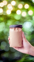 A person's hand holds a small, sealed brown paper bag with a black lid, set against a soft-focus background of green leaves and glowing lights.