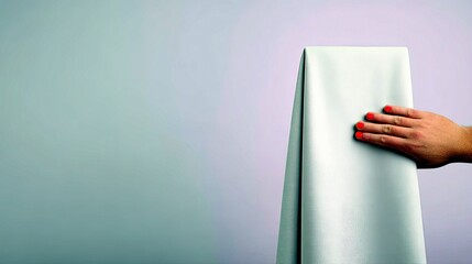 A hand with bright red nail polish gently touches a piece of light gray fabric draped vertically.