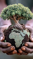 A pair of hands cradles a small globe made of soil, with a miniature tree growing from its surface, representing the earth and its vegetation.