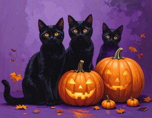 Three black cats with glowing eyes and pumpkins in front of a purple backdrop