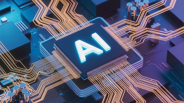 Artificial intelligence chip technology concept with neon circuit board for data processing and machine learning systems innovation