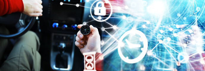 Magnetic compass. The concept of finding successful solutions problems. Compass, map, sleeves,...