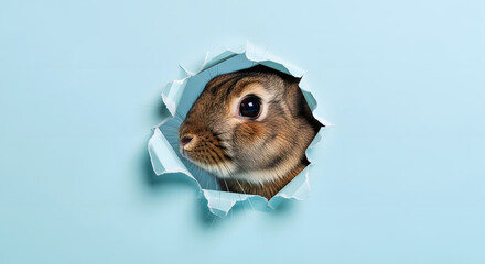 Easter rabbit, holiday in spring, copy space, greeting card, blue colored background, animal theme