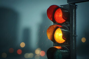 A close-up shot of a traffic light glowing brightly against an urban backdrop, with reflections of city lights