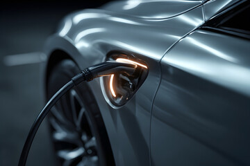 An electric vehicle with its sleek charging port and the charging cable plugged in