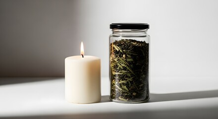 A lit candle and a glass jar filled with dried herbs placed on a white surface with a plain background