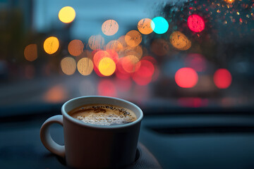 A cozy shot of a cup of coffee resting in a car cup holder, blurred traffic lights outside the windshield