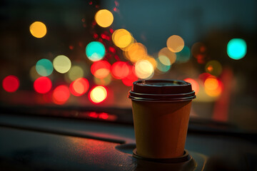 A cozy shot of a cup of coffee resting in a car cup holder, blurred traffic lights outside the windshield