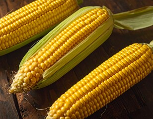 Three ears of fresh, golden corn on a rustic wooden table