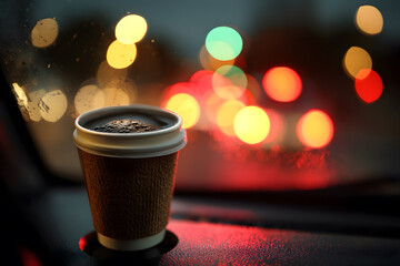 A cozy shot of a cup of coffee resting in a car cup holder, blurred traffic lights outside the windshield