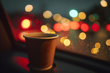 A cozy shot of a cup of coffee resting in a car cup holder, blurred traffic lights outside the windshield