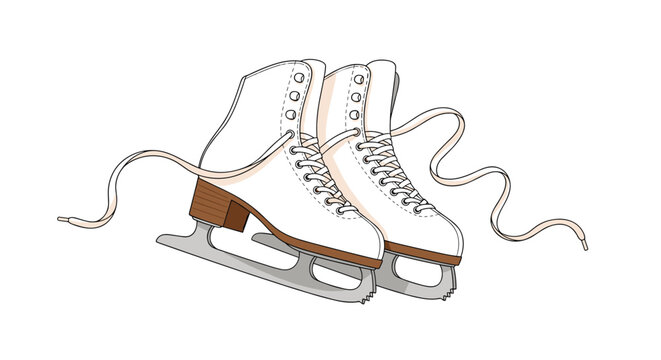 A pair of classic white ice skates with brown heels and untied laces, ready for winter fun and elegant figure skating.