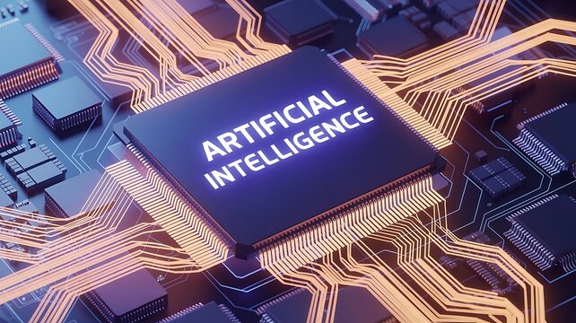 Close up view of computer micro chip with the words artificial intelligence written on it concept for technology