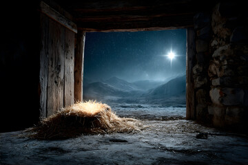 A nativity scene concept featuring an empty wooden manger under a glowing star in the night sky