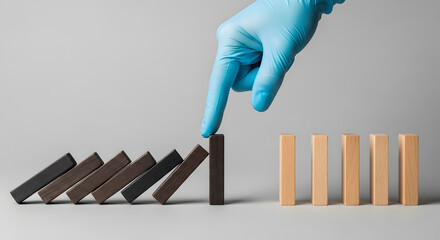Business and Health Care Protection during Coronavirus Situation Concept. Hand with Medical Glove Blocking Domino Effect