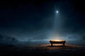 A nativity scene concept featuring an empty wooden manger under a glowing star in the night sky