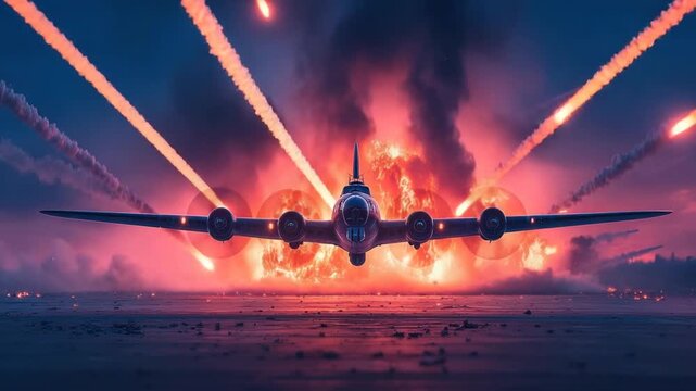 A vintage bomber plane flies toward a fiery explosion amidst streaks in the sky at dusk