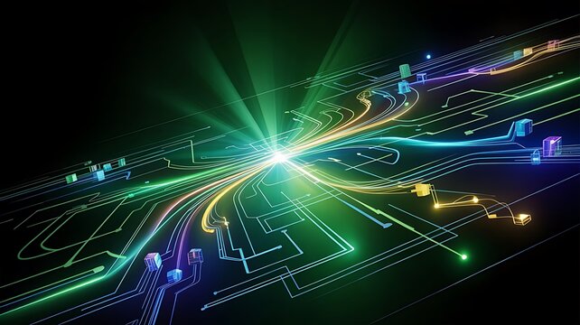 Creative technological abstract background with glowing lines data transfer and network connections on black screen