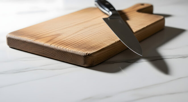 A wooden cutting board rests on a marble countertop with a sharp kitchen knife placed on top, ready for food preparation