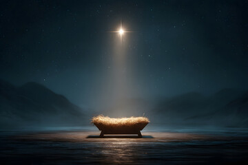 A nativity scene concept featuring an empty wooden manger under a glowing star in the night sky