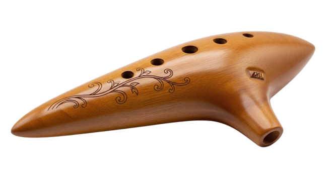 Closeup of a brown ocarina with a floral design isolated on transparent background, showcasing its unique shape and craftsmanship for musical enjoyment