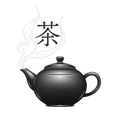 Elegant metallic teapot with stylized steam and chinese character for tea isolated on transparent background
