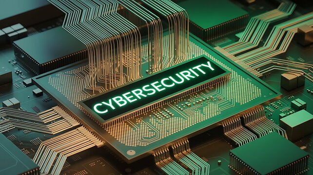 Cybersecurity design on electronic circuit board with interconnected lines illustrating complex computer system network security