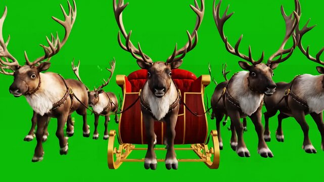 Green Screen VFX Asset with santa sleigh flies front alpha matte christmas reindeer night 3d rendering animation 4k distortion, overlay, glitch, static noise, scan lines on black background, animated