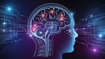 Digital brain profile silhouette with circuit board pattern representing artificial intelligence and neurological science concept 123