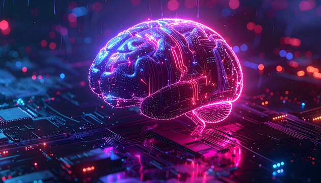 Artificial Intelligence Brain Circuitry Futuristic digital brain with vibrant neon lights - Powered by Adobe