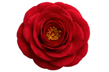 Red camellia flower showing delicate petals and golden stamen from top view, blooming with transparent background