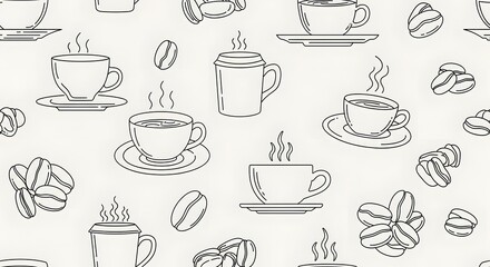 A seamless pattern of hand-drawn coffee cups and coffee beans, creating a cozy and inviting design suitable for cafes, kitchen decor, or food-related projects