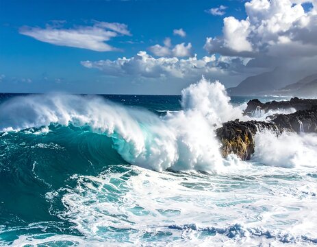 Large waves crash against rocky coast under a bright sky - Powered by Adobe