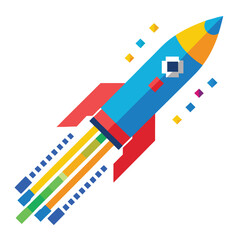 Dynamic Pixel Art Rocket Launching Diagonally - Digital Innovation Concept