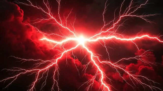 Intense red lightning bolts strike through dark, dramatic storm clouds, symbolizing power and energy