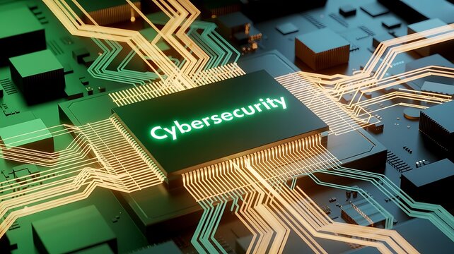 Green circuit board with cybersecurity writing on chip in center representing data protection and technology 123