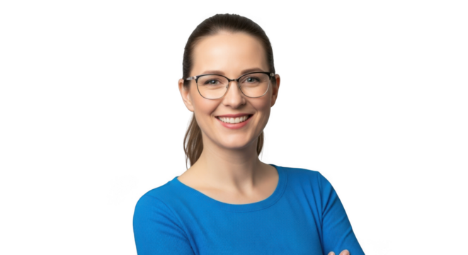 Woman wearing glasses and blue shirt isolated on transparent background