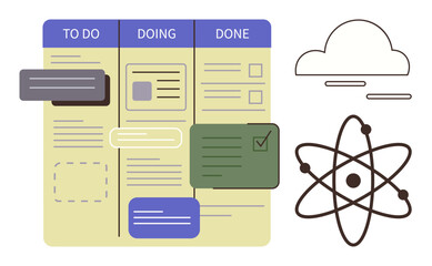 Kanban board with tasks in columns labeled To Do, Doing, Done. Includes cloud and atom icons. Ideal for project management, productivity, brainstorming, teamwork, analysis strategy simple flat © robu_s