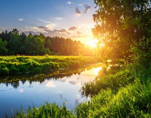Fototapeta premium A serene river flows through lush greenery at sunset