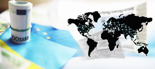 The concept of European Union support for Ukraine in a military conflict. Solidarity. Politics. Flags are on the table.