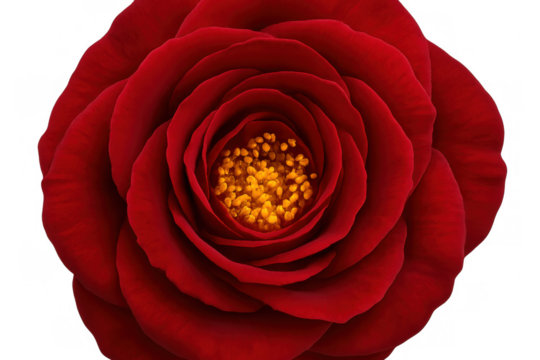 Red camellia flower showing delicate petals and vibrant yellow stamens on transparent background - Powered by Adobe