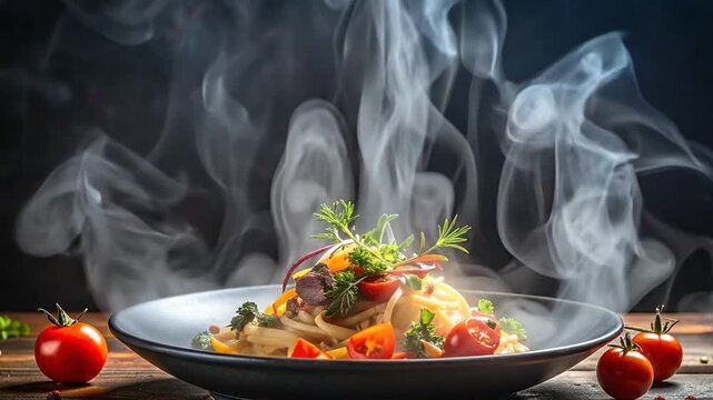 Delicious hot steaming pasta dish with fresh ingredients, culinary masterpiece